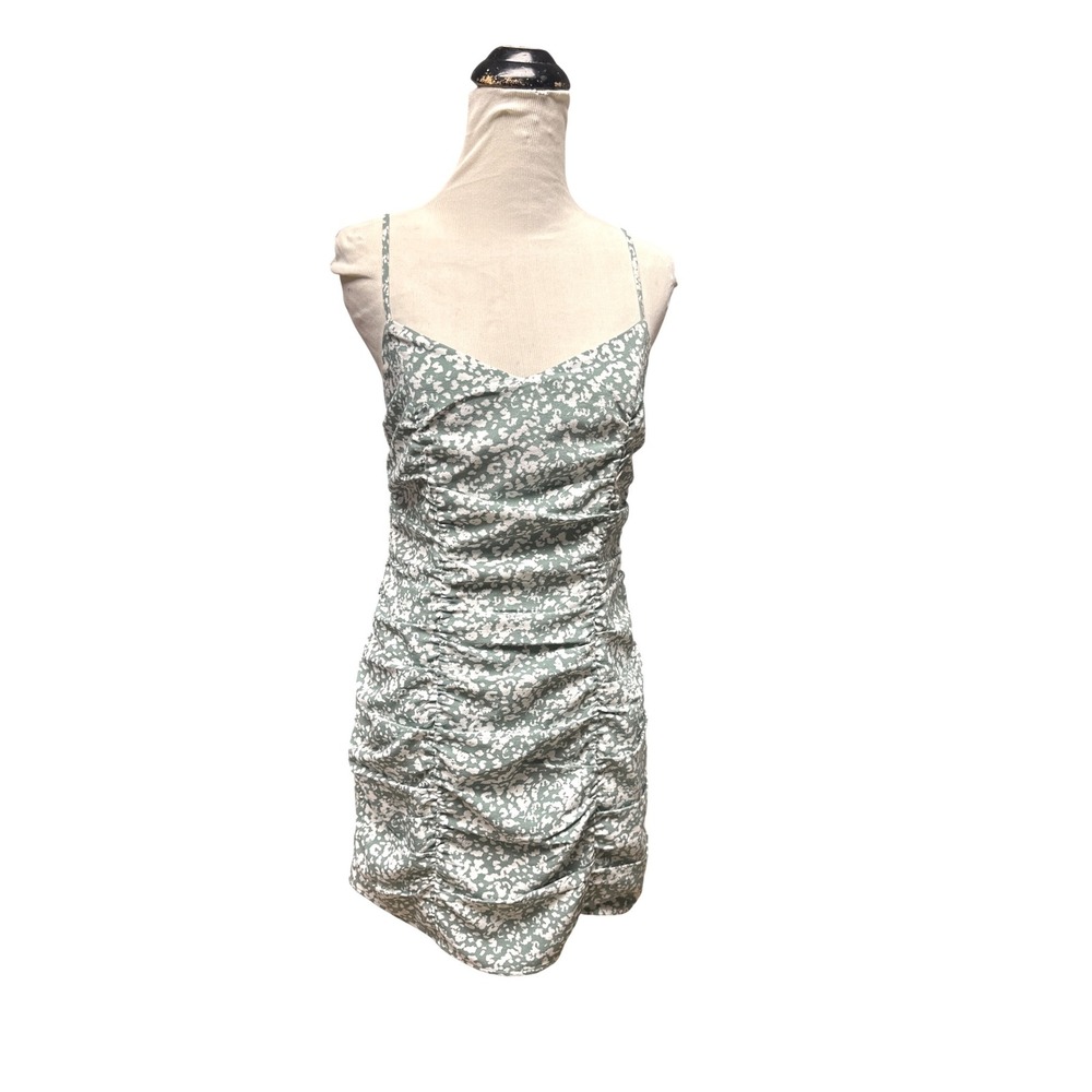 Abercrombie & Fitch Sage Green Floral Ruched Mini Bodycon Dress Small Sweetheart - Picture 2 of 8